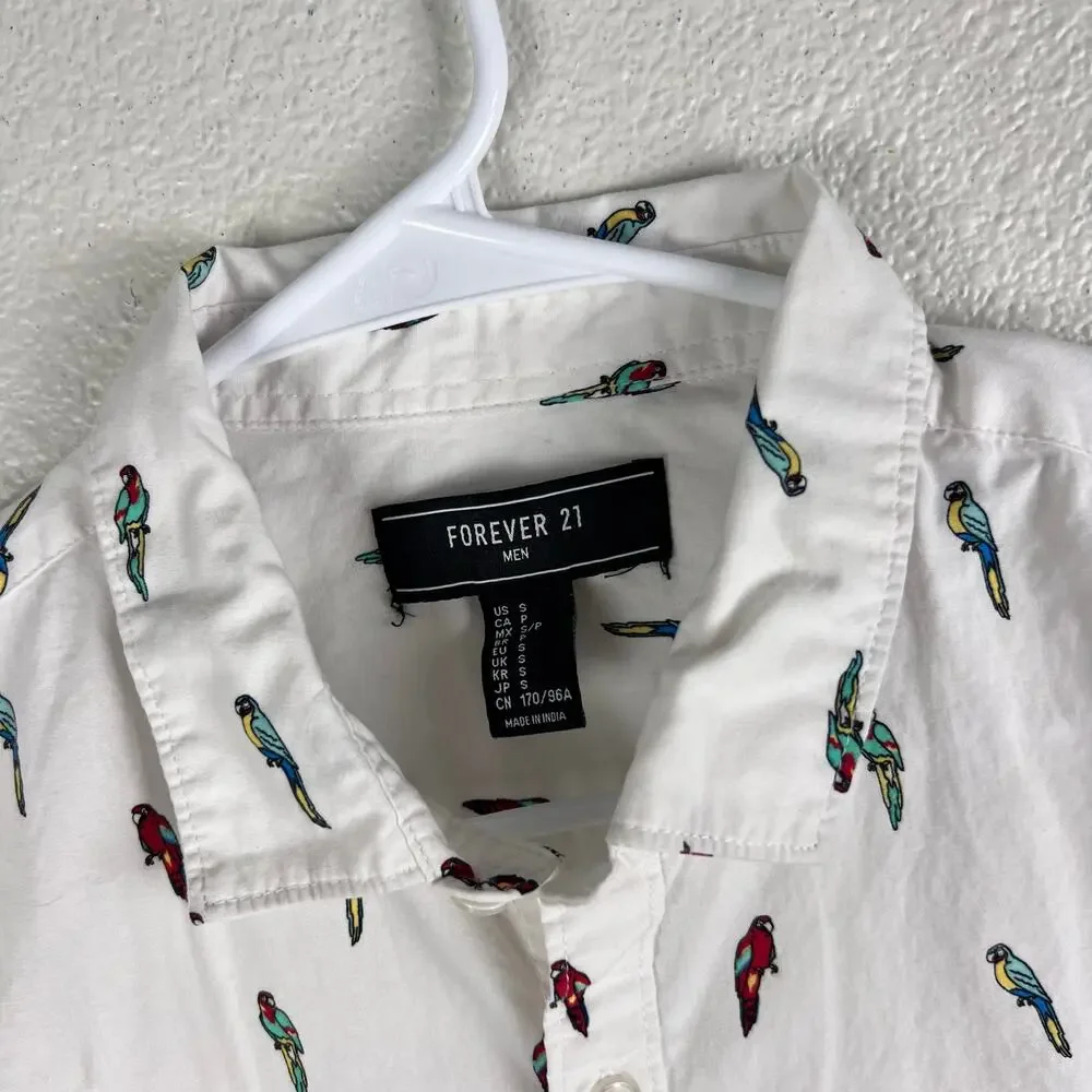 Forever 21 Men White Parrot Print Short Sleeve Button Up Shirt Small - Picture 2 of 8